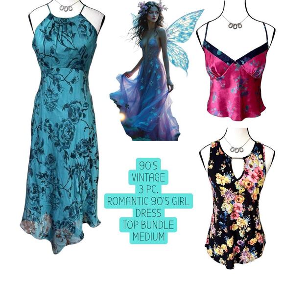 90'S VINTAGE ROMANTIC GIRL‎ ROSES FLORAL MAXI DRESS TOPS BUNDLE MEDIUM - Picture 1 of 5